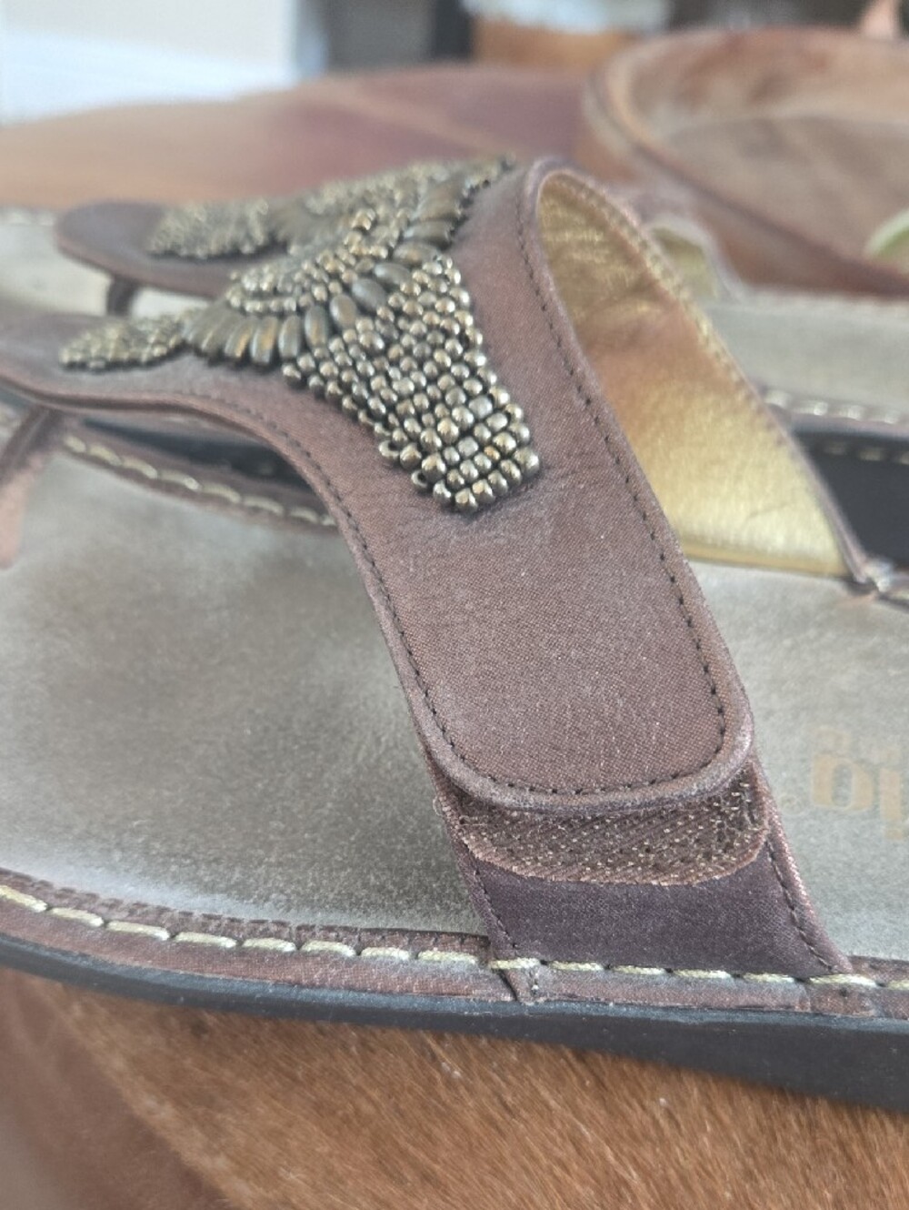 Alegria Metallic Bronze Beaded Thong Sandals - Picture 5 of 11